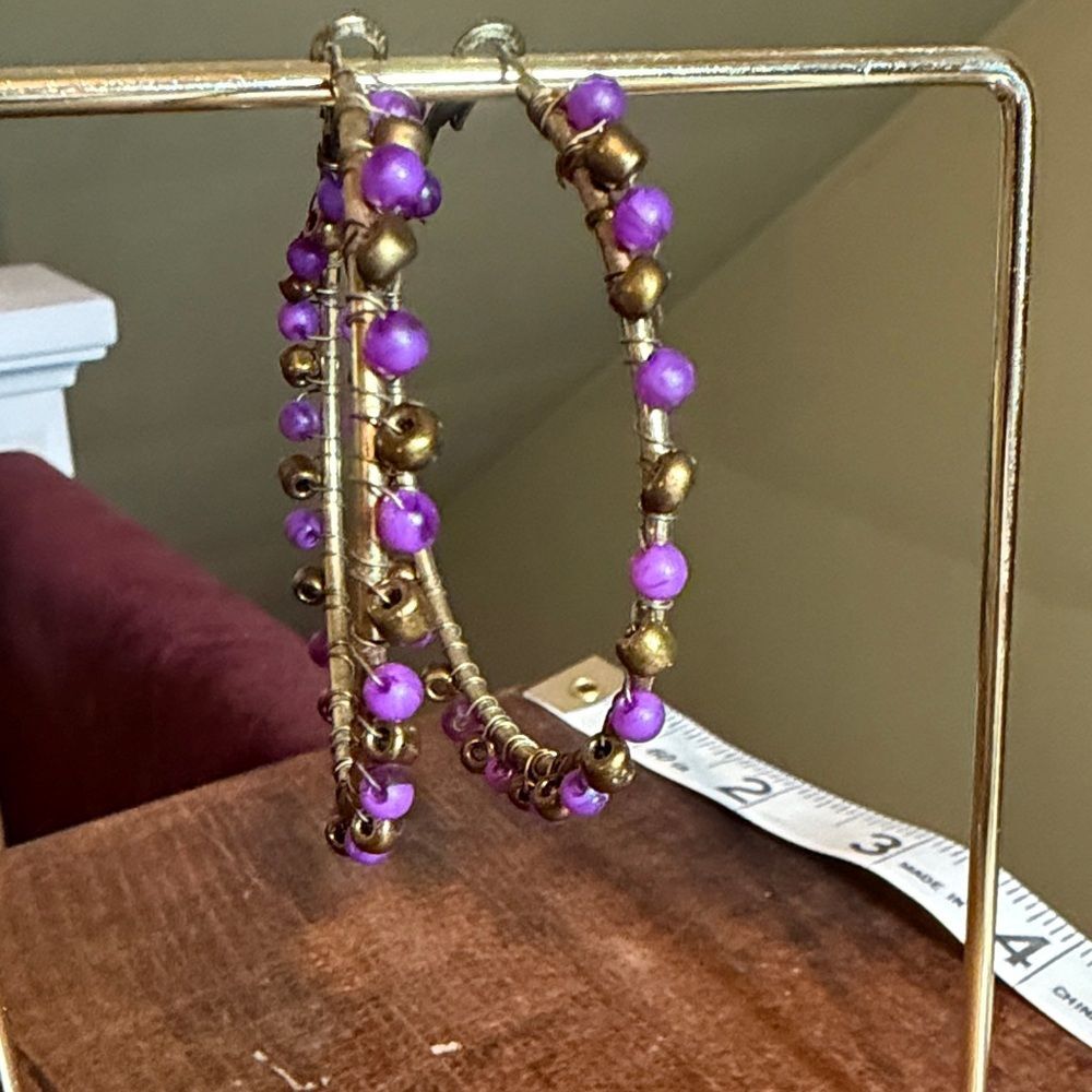 Vintage Purple & Gold Beaded Hoop Earrings | Y2K Boho Chic